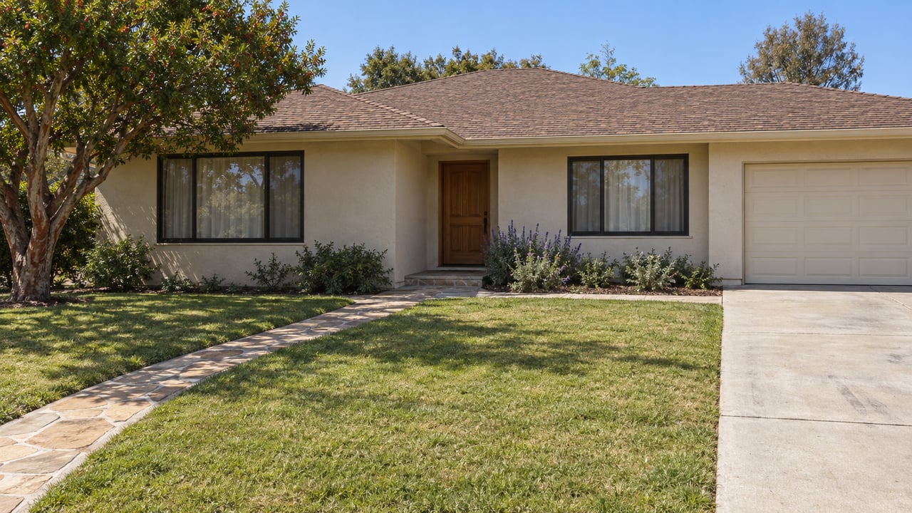 Single-story ivory stucco home behind a deep lawn, with a stone approach, low hip roof and mature strawberry tree.