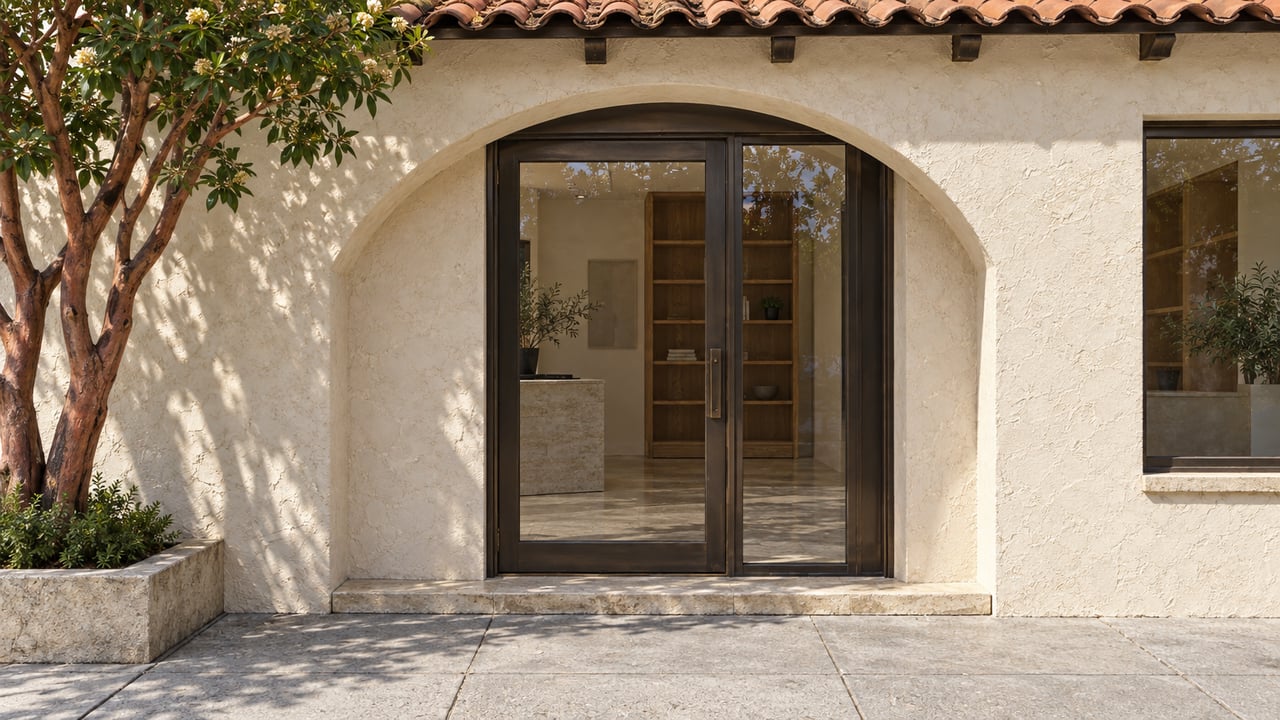 Stucco storefront with a broad arched bronze-framed glass entrance, tiled eave, and tree at the sidewalk edge.