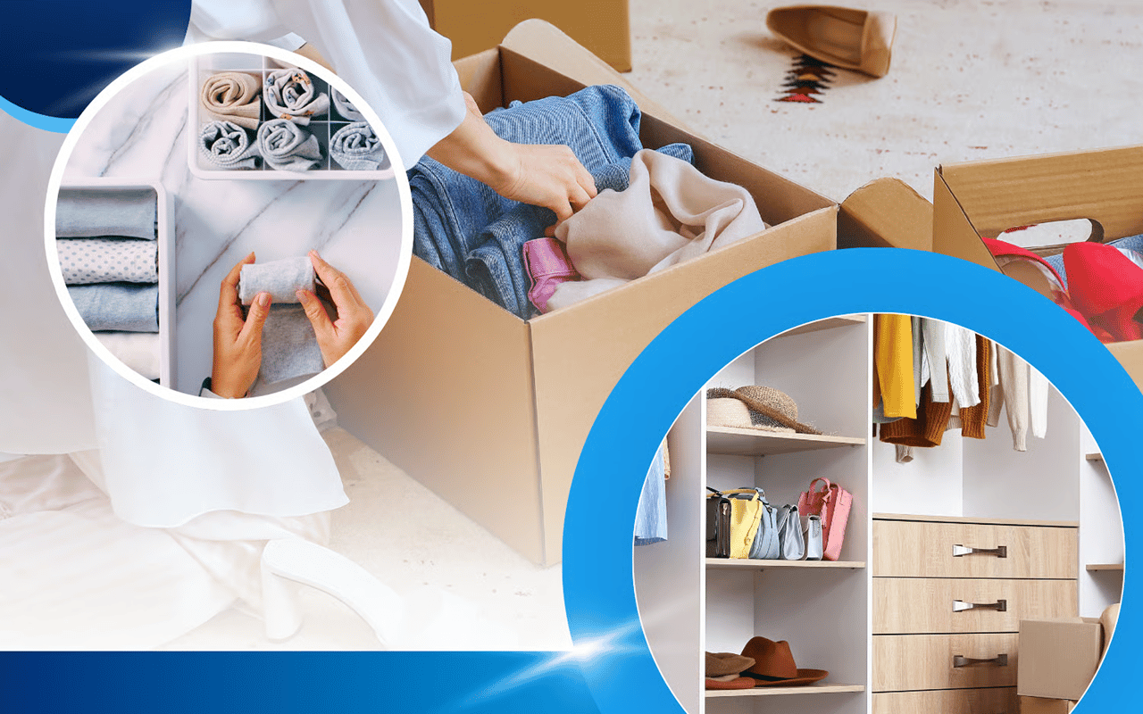 Decluttering collage showing folded clothes, a person packing a box, and an organized closet.