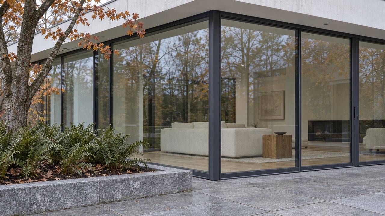 Contemporary glass-walled home beside a granite terrace and a copper-leaved maple in soft late-fall light.