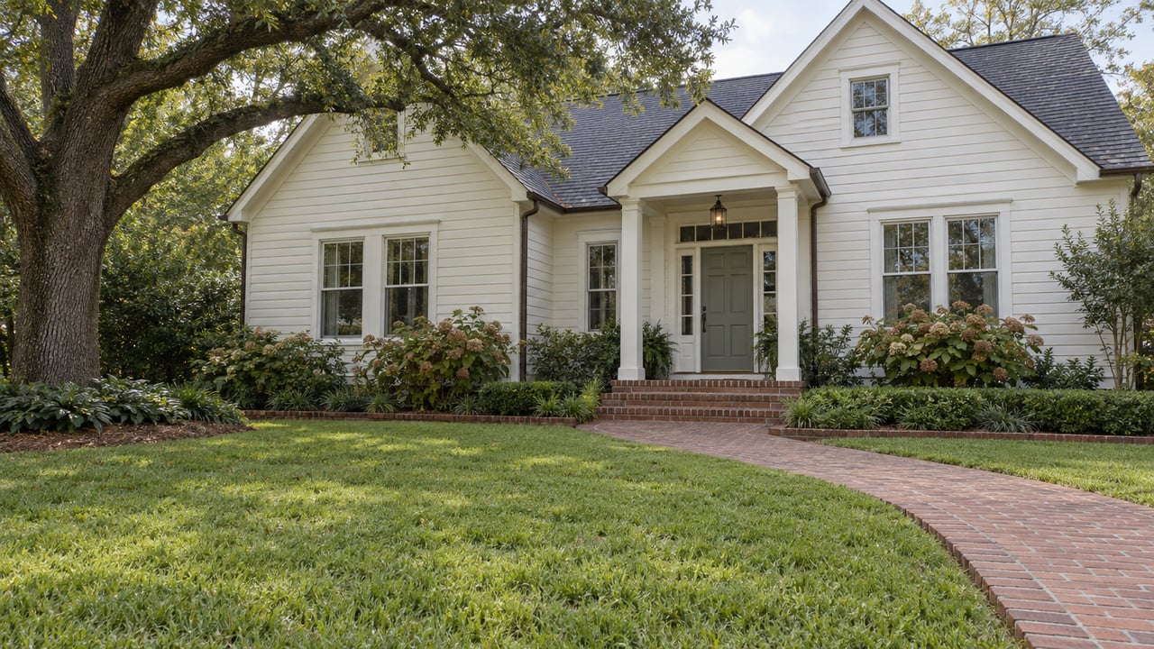An ivory clapboard home with gabled roofs, a brick approach, deep front lawn, and a mature live oak beside the entry garden.