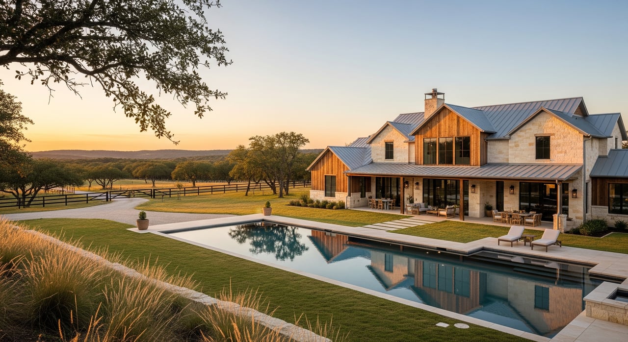 Stone-and-timber farmhouse beside a reflecting pool, with rolling fields and a sunset beyond.
