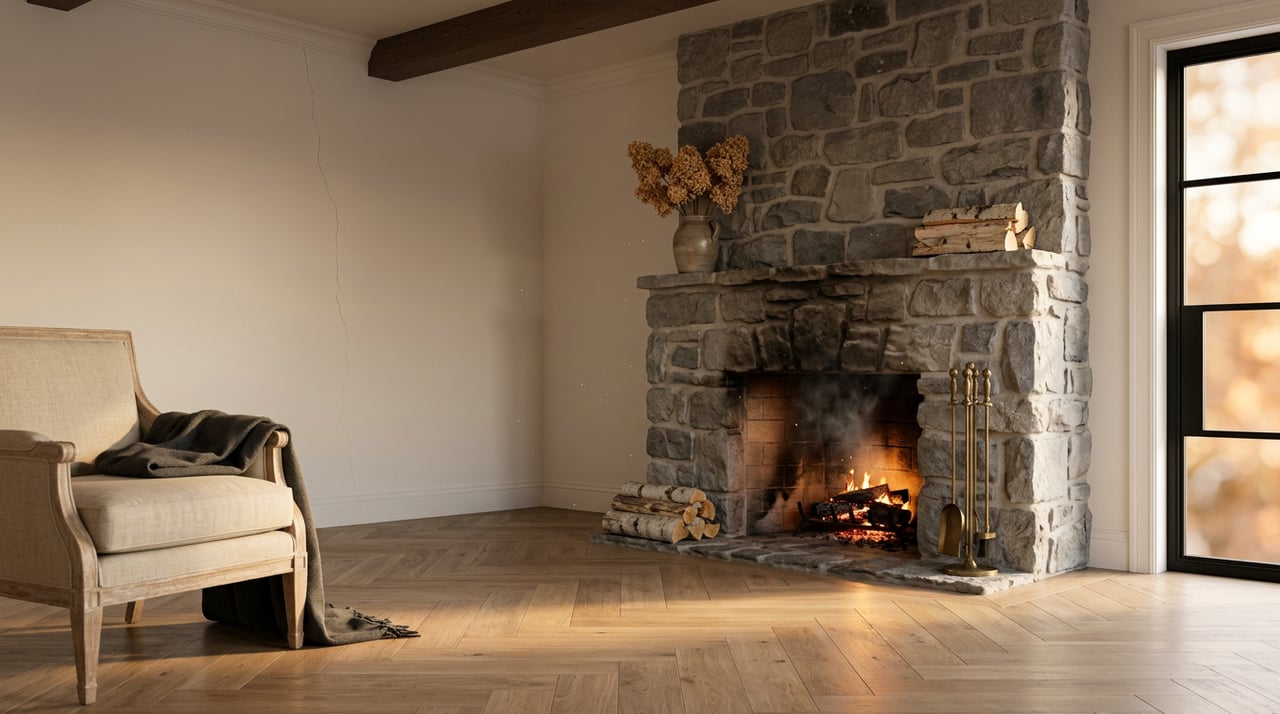 Fieldstone fireplace with glowing embers, dried hydrangeas on the hearth, and sunlight across a herringbone oak floor.