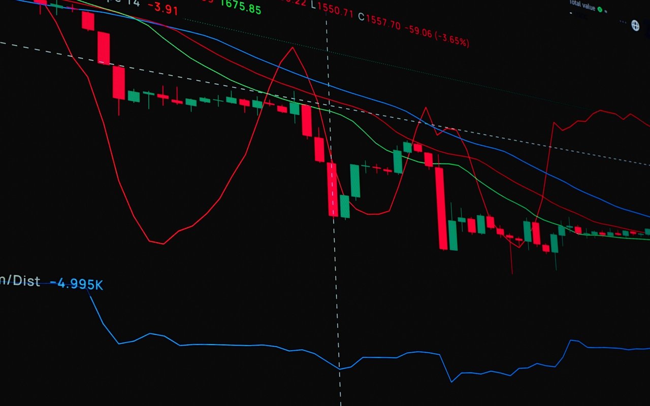 Stock chart with red and green candlesticks trending downward