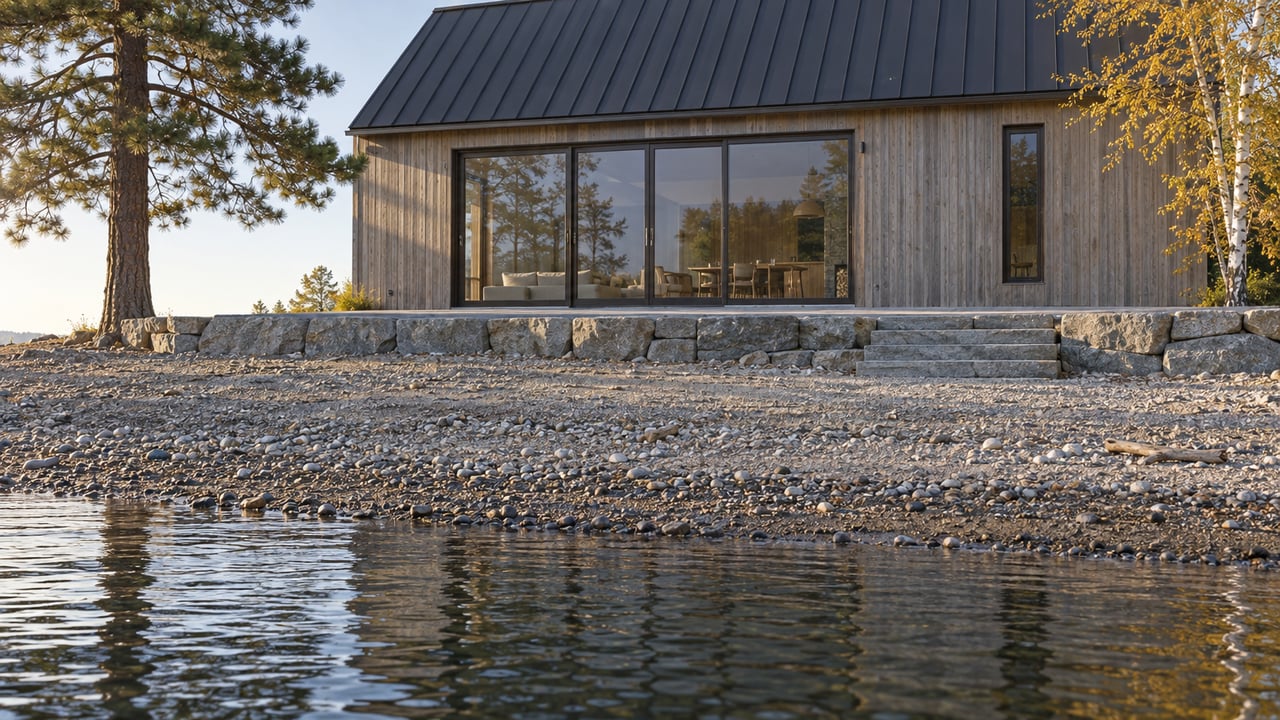 Cedar-clad lake house above a broad cobble beach, with dark still water and two autumn trees.