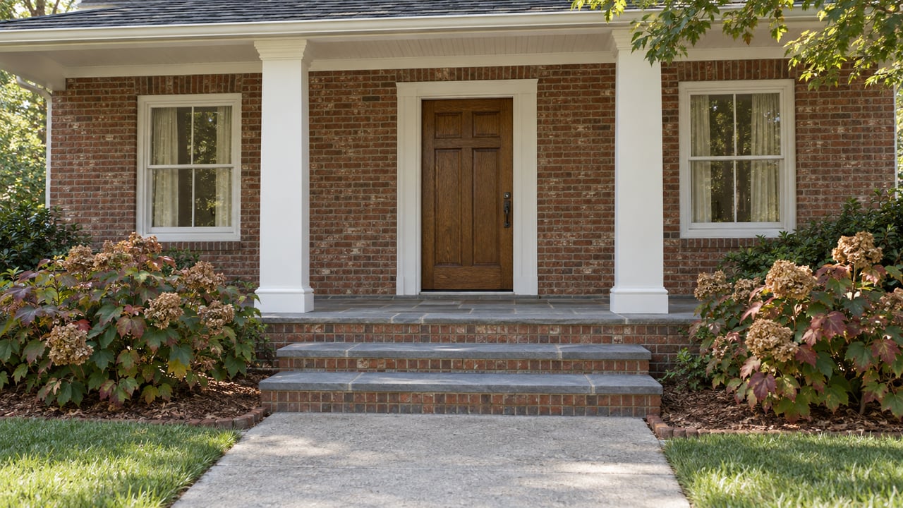 Brick home porch with stone steps, a warm oak door, white columns and oakleaf hydrangeas showing early autumn color.