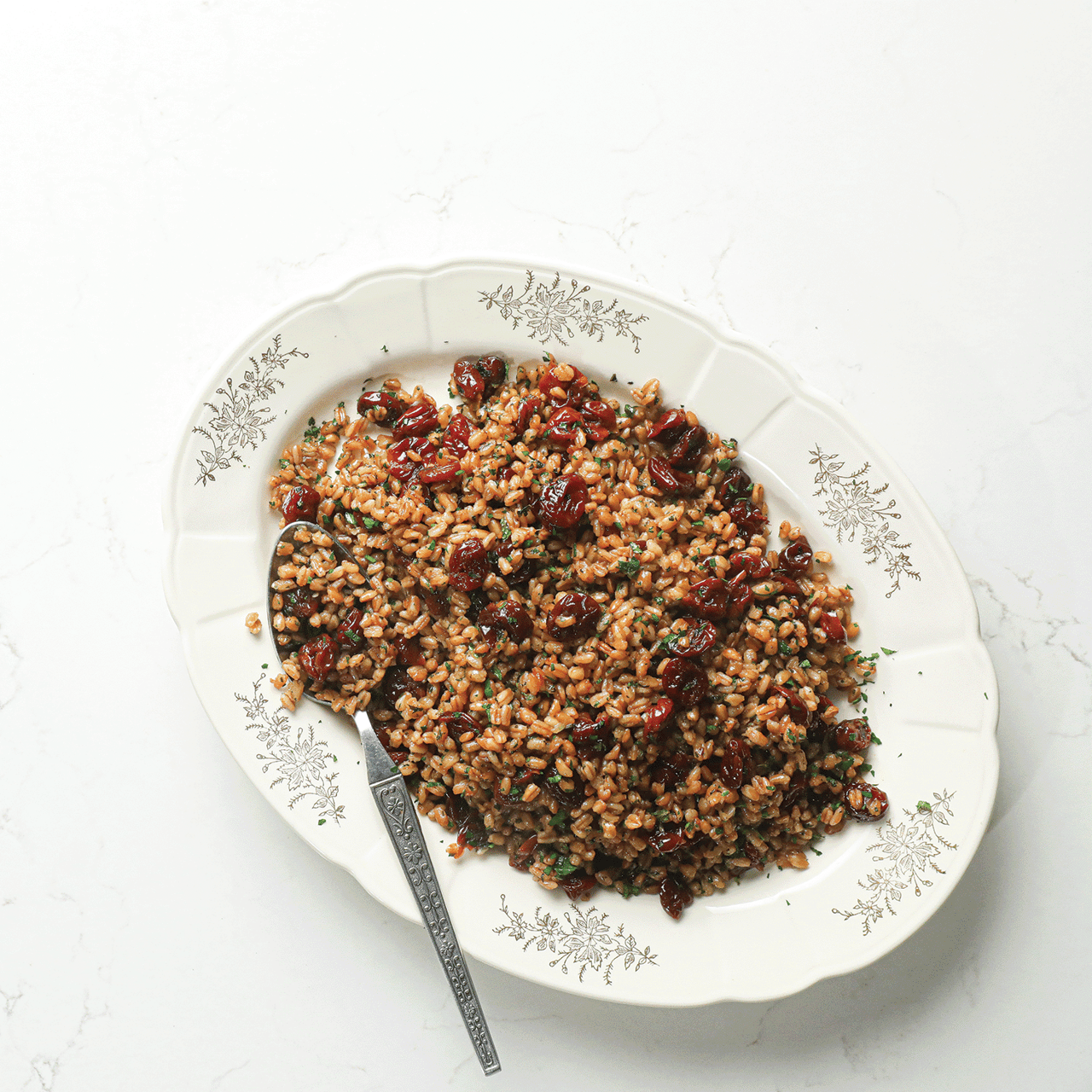 Warm farro salad with dried cranberries and herbs on a floral platter.