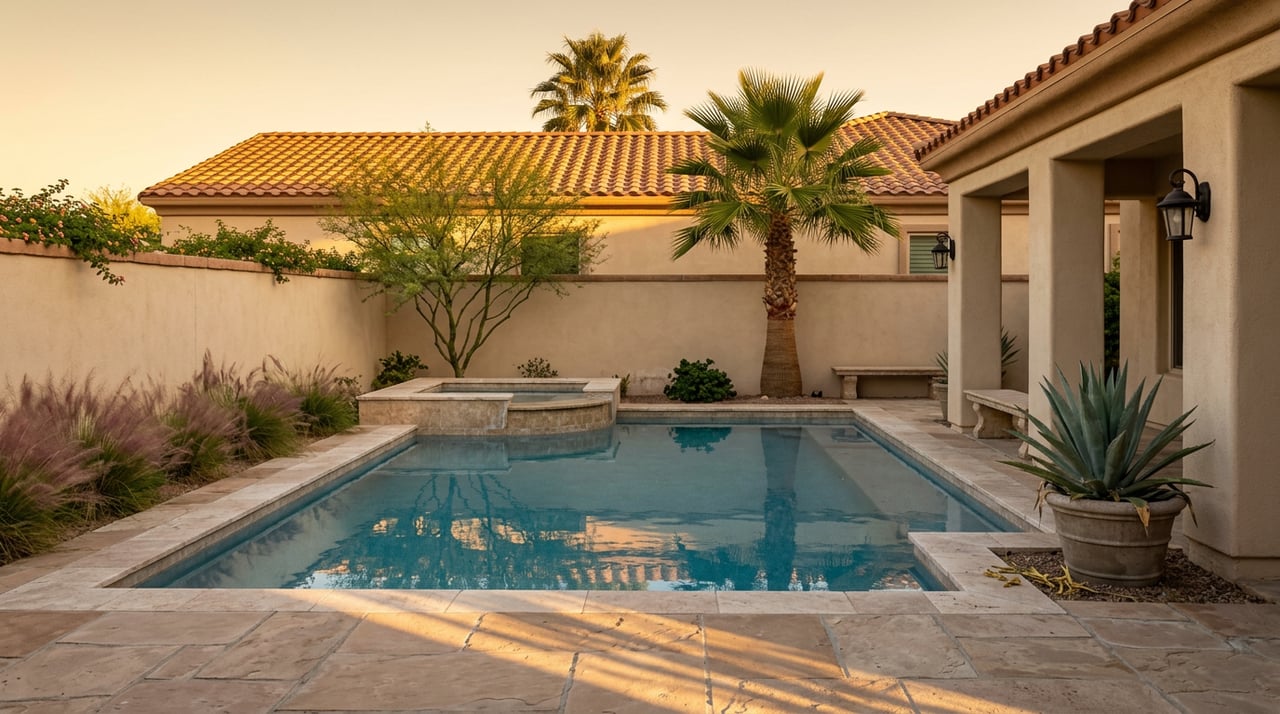 Walled backyard pool terrace with a raised spa, stucco arcade, palm, and palo verde tree in warm sunlight.
