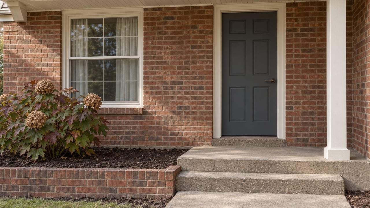 Red-brown brick home entry with a charcoal door, ivory-trimmed window, concrete steps and oakleaf hydrangea in early autumn light.