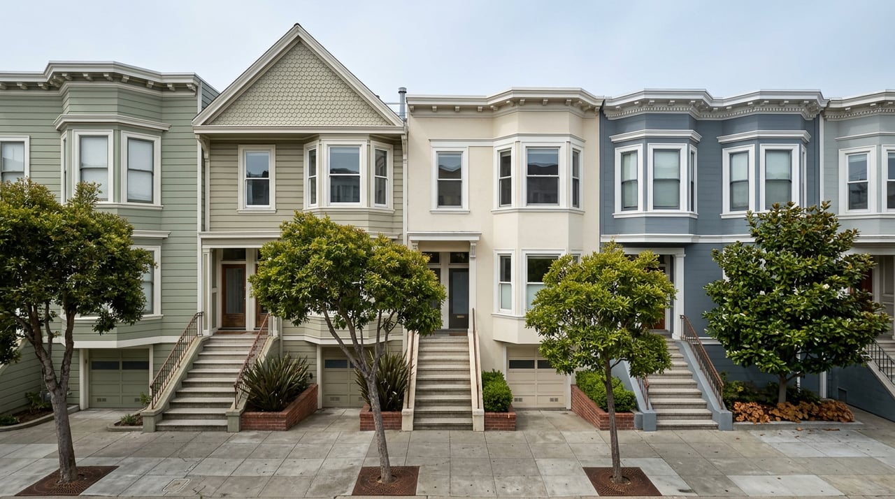 Four attached sage, cream, and slate rowhouses with stacked bay windows line a tree-planted sidewalk.
