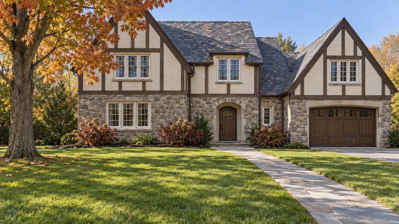 Stone and stucco home with steep slate gables, a broad autumn lawn, and one amber-leaved maple.