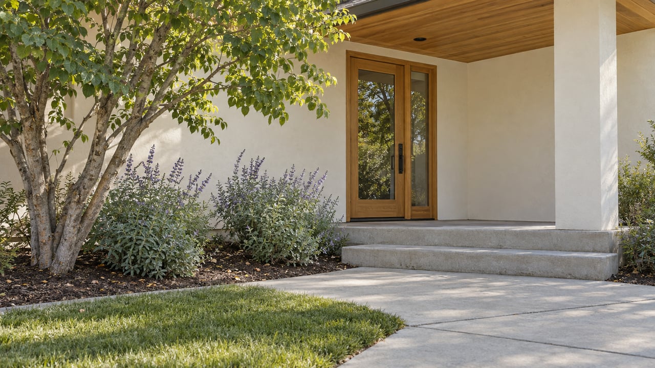 A glazed oak entry beneath a timber-lined porch, with concrete steps, a branching tree and silvery flowering shrubs.