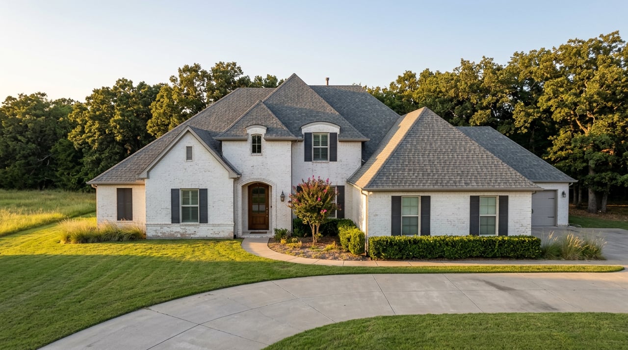 Large white-brick estate with dark shutters, a curving driveway, and oak trees bordering open pasture.