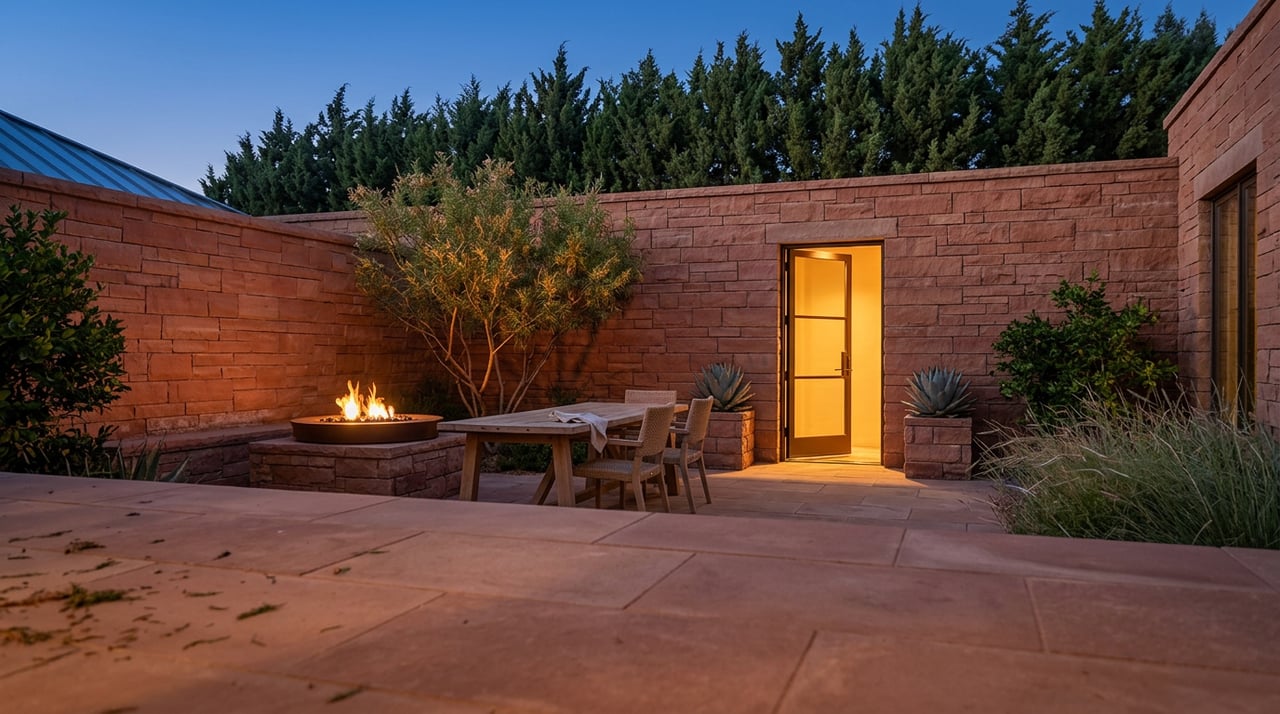 Sandstone courtyard terrace at dusk with a glowing glass doorway, fire bowl, oak dining table, and desert willow.