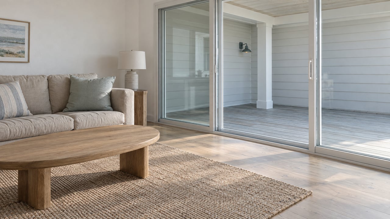 Light-filled living room with linen sofa, pale oak flooring and closed glass doors opening visually onto a covered porch.