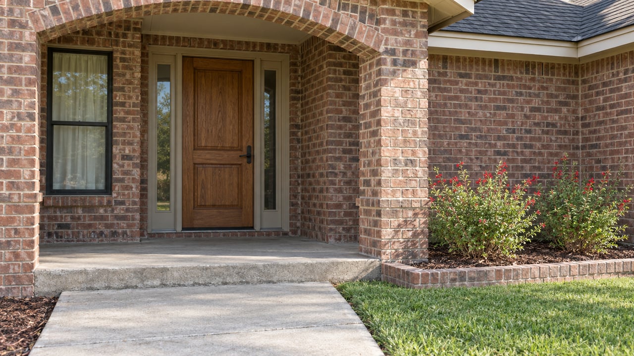 Red-brown brick home entrance with an arched porch, oak door, concrete approach and red-flowering sage beside a green lawn.