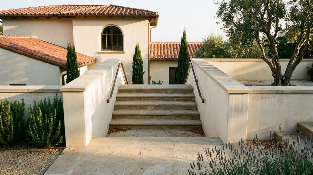 Stone stairs descend between cream stucco walls toward a flagstone terrace, framed by cypress, rosemary, and lavender.