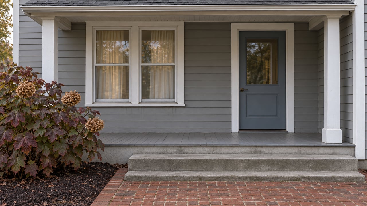 Gray clapboard home's covered front porch with a blue-gray door, white-trimmed window, brick walk, and autumn oakleaf hydrangea.