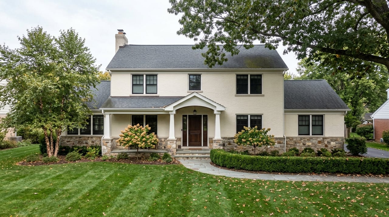 Two-story cream brick and fieldstone house with a gabled entry, clipped hedges, and a broad oak canopy.