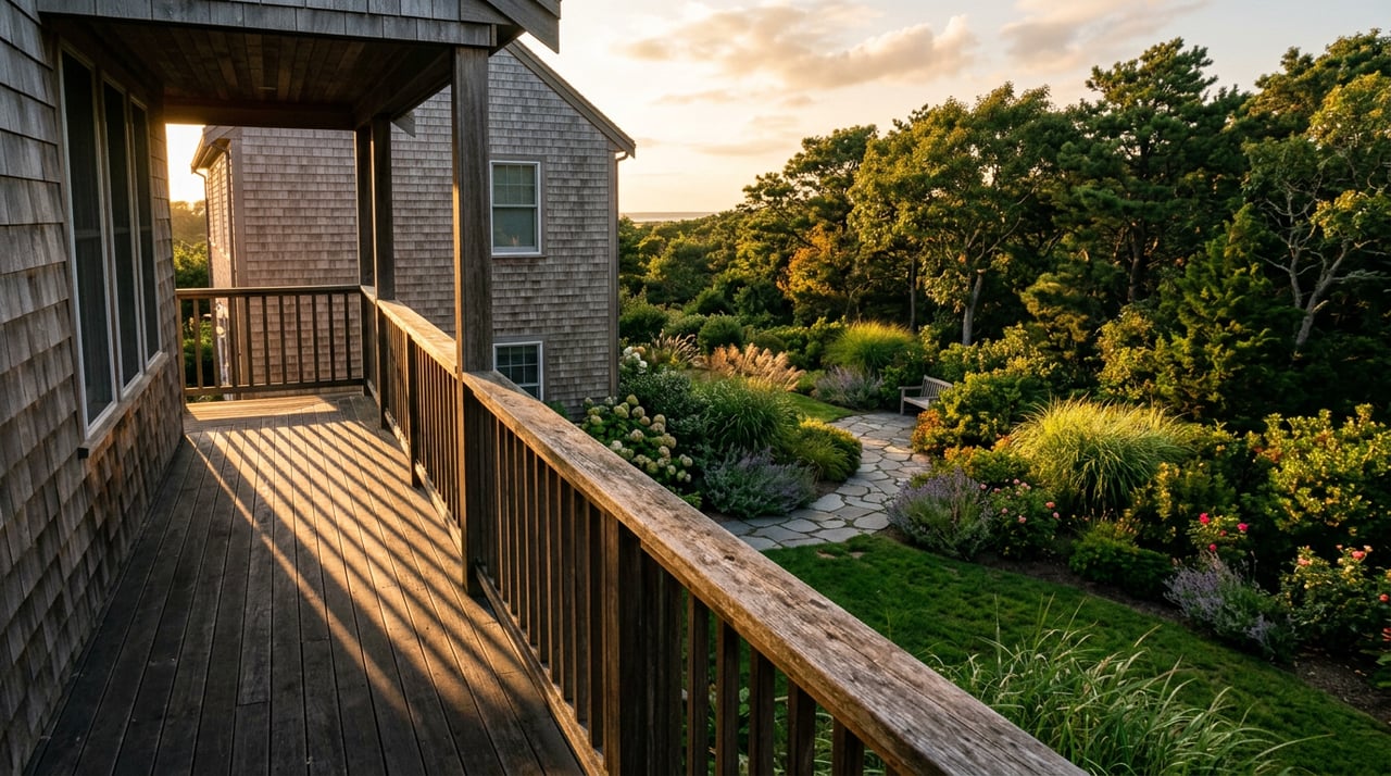 Elevated porch overlooking a private garden, with railing shadows stretching across deck boards and grass.