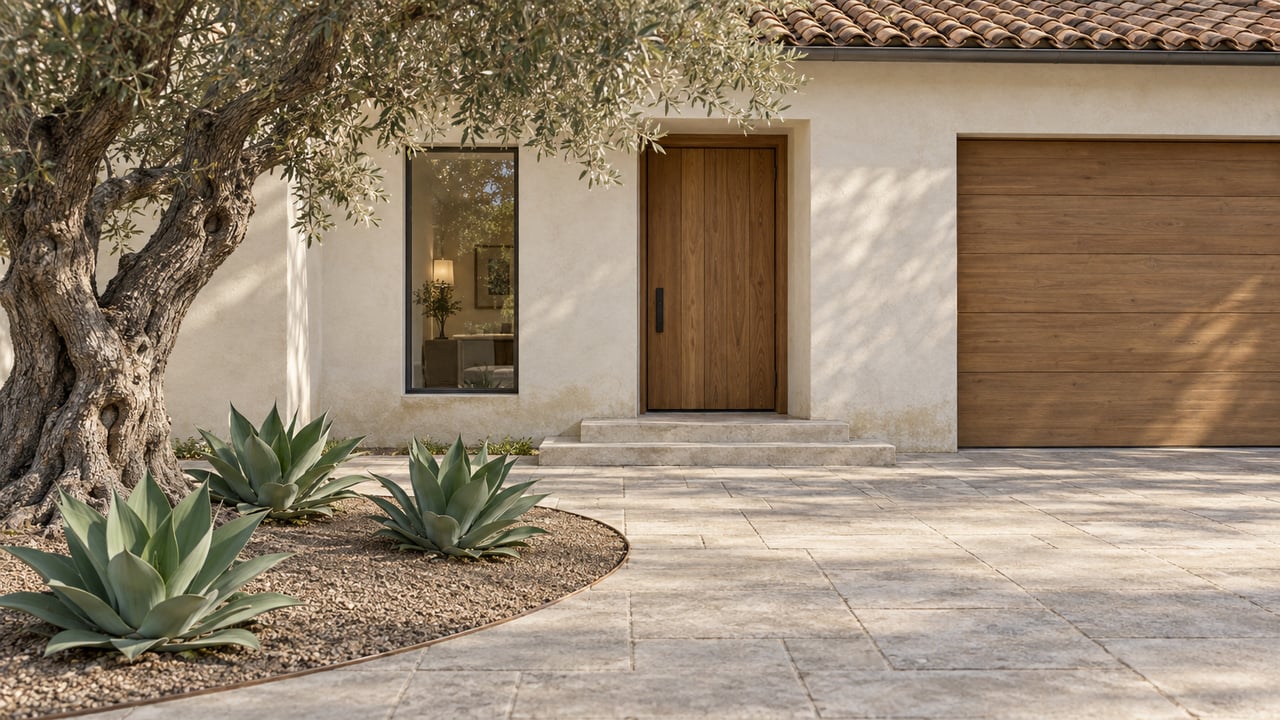 Spanish-style stucco home with an oak entry, tiled roof, and olive tree in a paved forecourt.