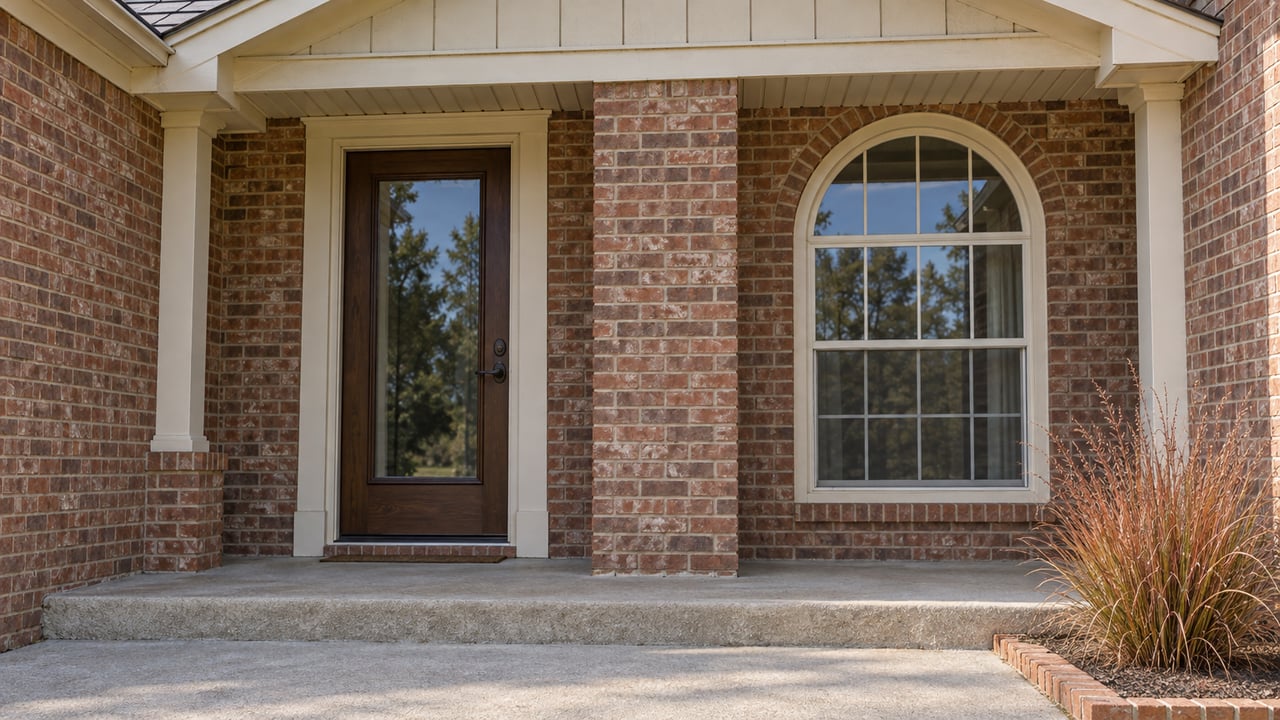 Sunlit brick entry with a glazed oak door, cream trim, arched window and weathered concrete porch.