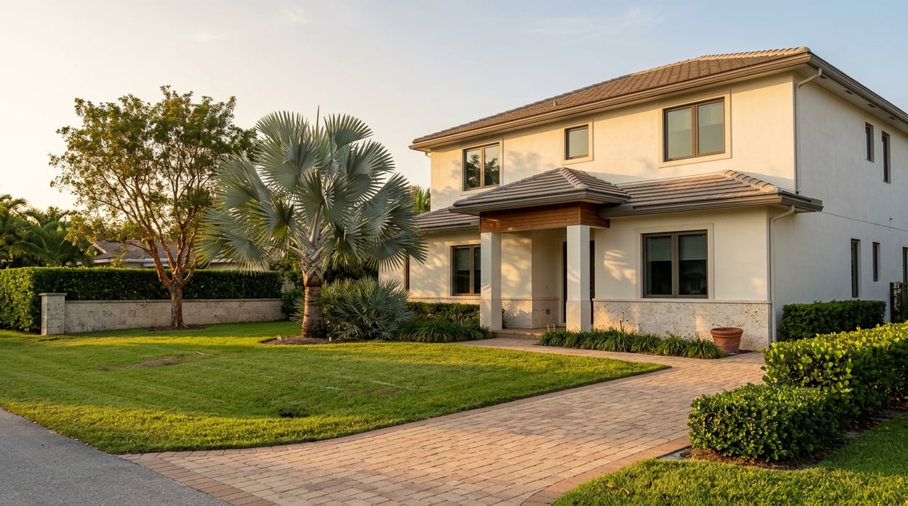 Two-story stucco home with coral-stone base, curved paver driveway, and a silver-blue palm on the lawn.