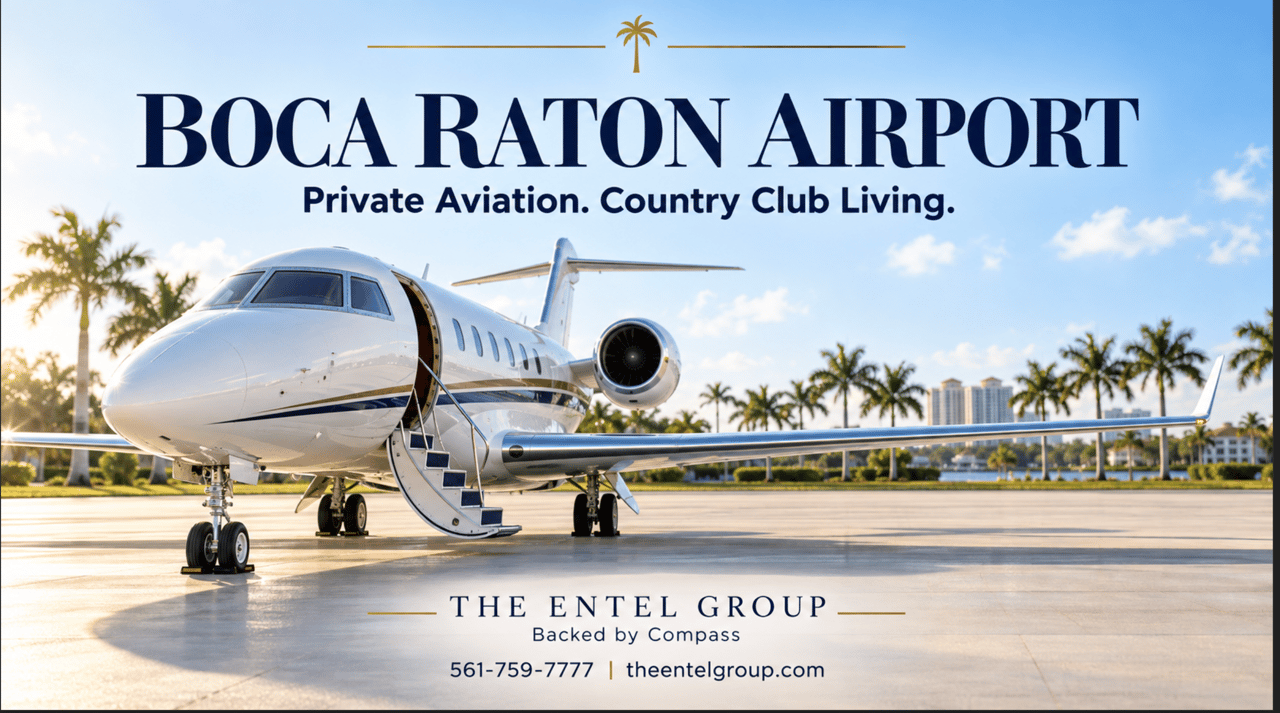 AI-generated illustration of a private jet on a sunny South Florida airport apron, with Boca Raton Airport headline and The Entel Group branding, backed by Compass.