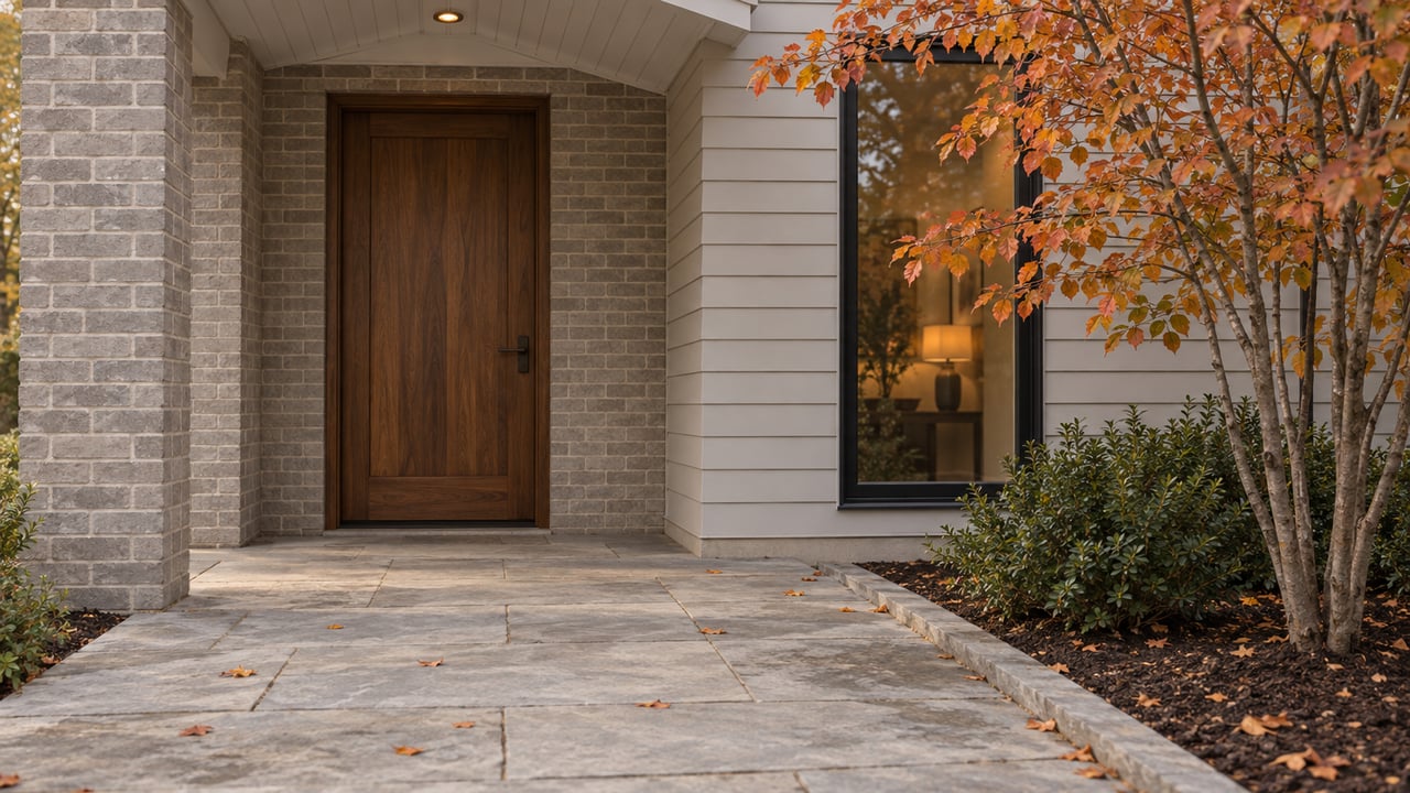 Recessed walnut front door beneath a gabled porch, with gray brick, limestone pavers, and copper-orange leaves.