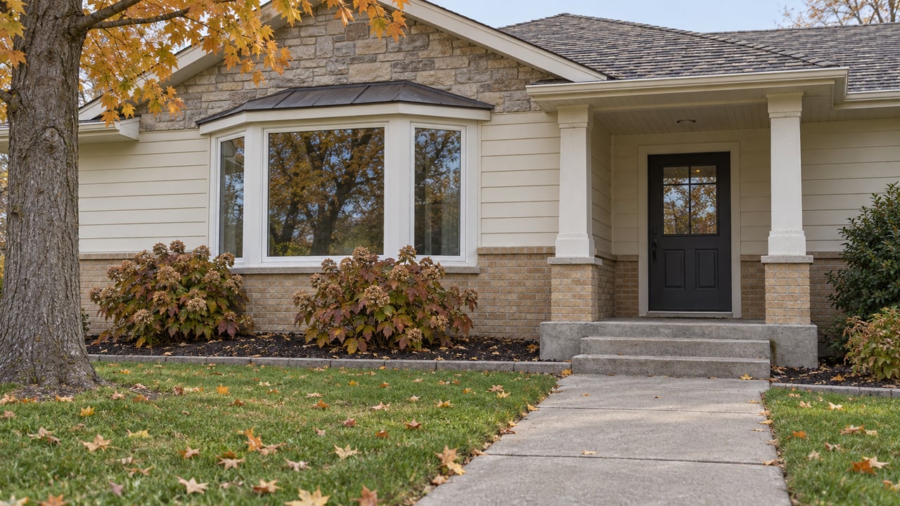 Autumn leaves beside a brick-and-siding ranch home's bay window and covered entry, with a concrete walk crossing the front lawn.