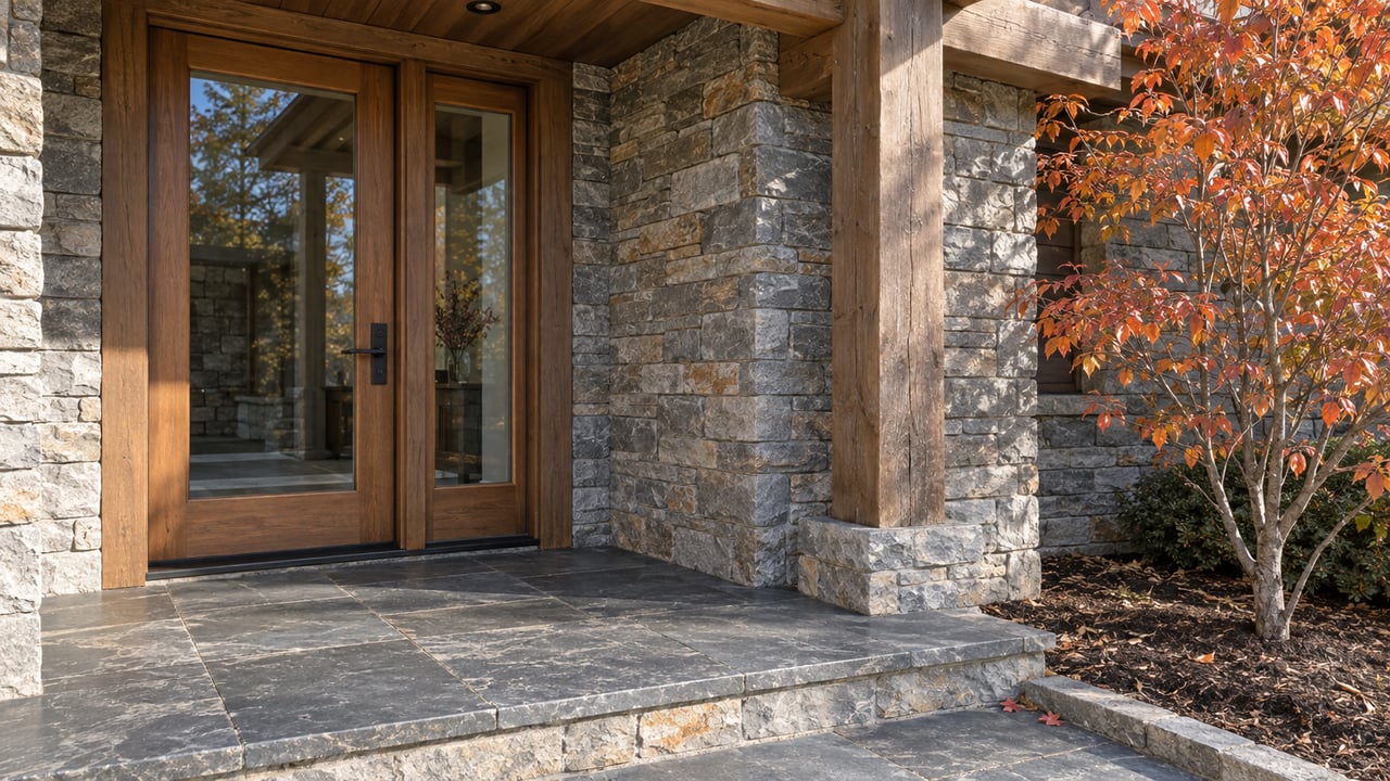 Close view of a timber-covered home entry with a glazed wood door, gray stacked stone, charcoal slate steps and orange-red serviceberry leaves.