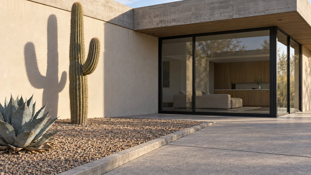 Cream stucco home with a deep concrete roof, black-framed corner glazing, and a saguaro beside a gravel-lined concrete approach.