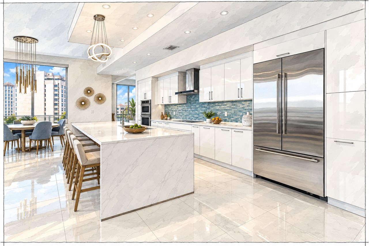 Bright condo kitchen with marble island, blue tile backsplash, stainless refrigerator, and dining area overlooking nearby buildings.