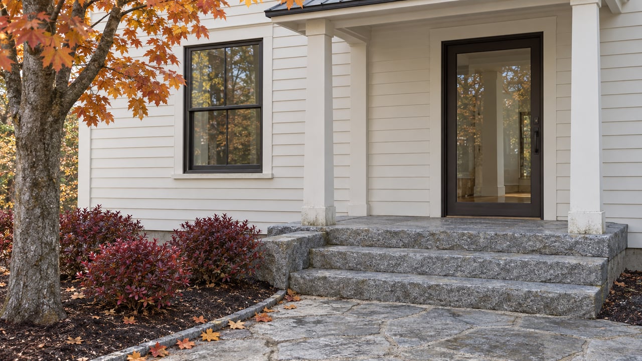 Autumn maple foliage frames a painted clapboard home's glazed entry and weathered granite steps.