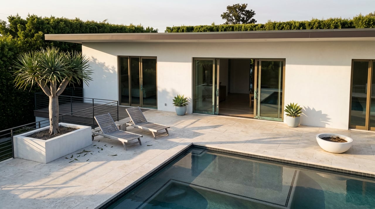 White modern home opens onto a travertine pool terrace with teak loungers and a palm.