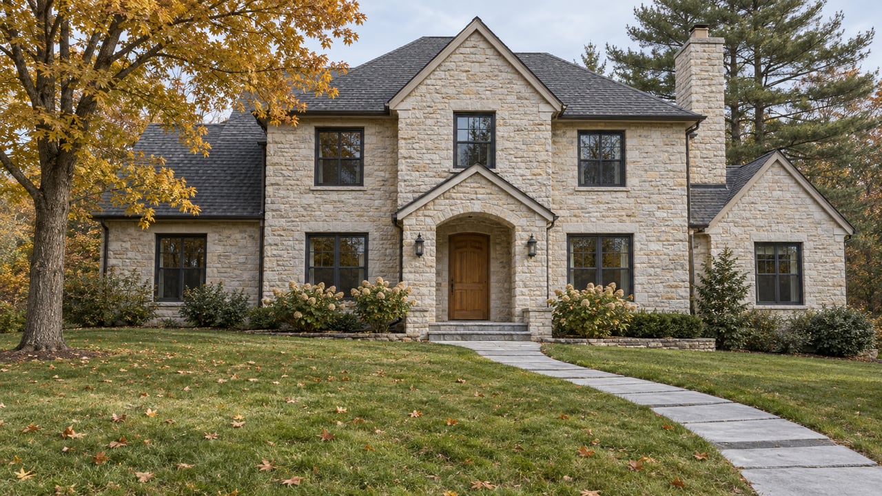 A pale limestone two-story home with dark gabled roofs, a curved stone approach, deep autumn lawn and an amber-leaved maple.