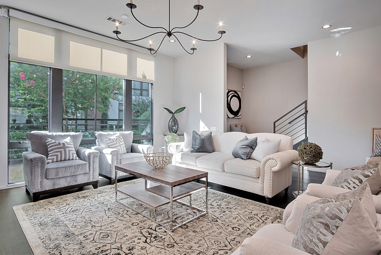 After staging: Modern living room completed using Compass Concierge to maximize the home's final sale price.