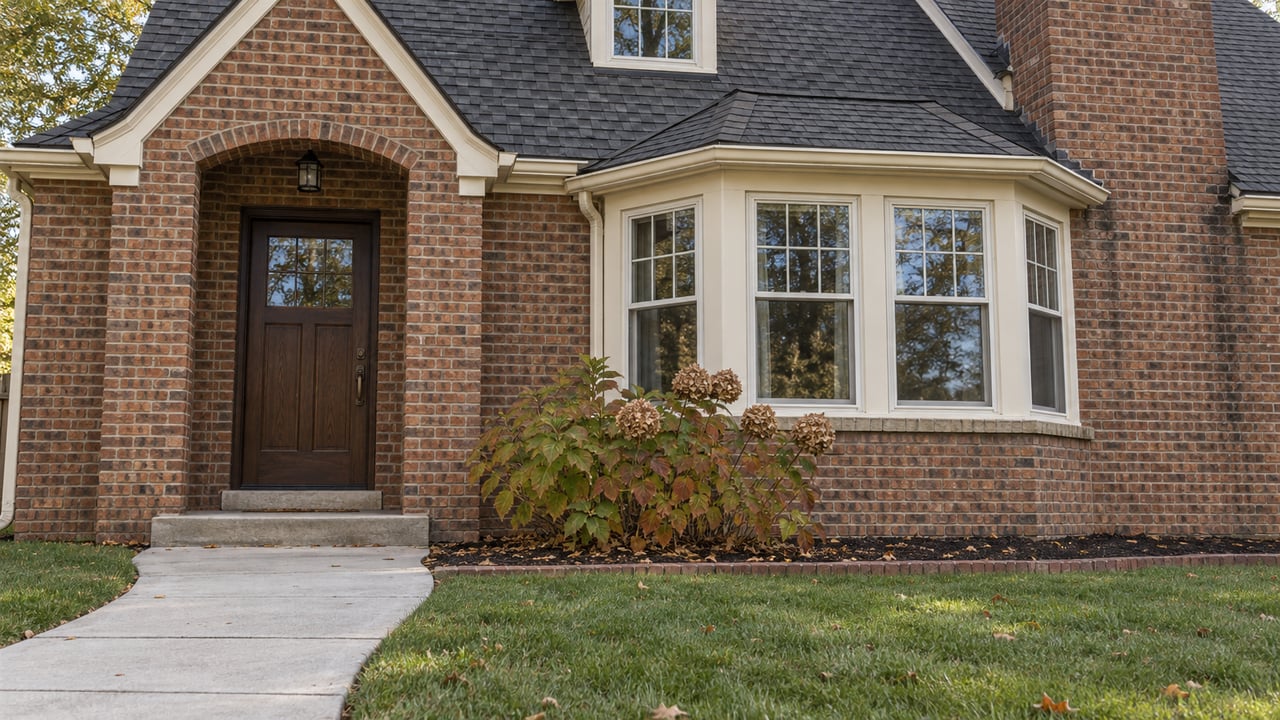 Russet-brick home with a modest arched entry, cream-trimmed bay window, curved concrete approach, and autumn oakleaf hydrangea.