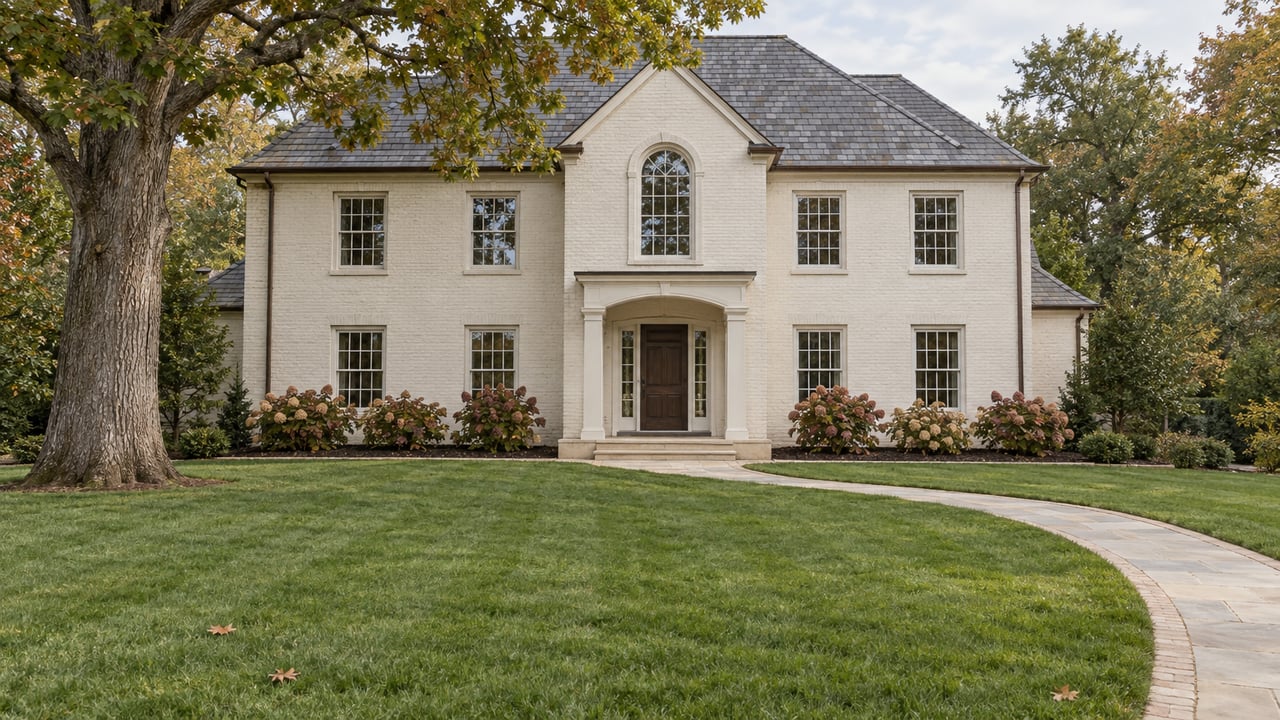 An ivory brick home with tall white-trimmed windows, a limestone approach and deep green lawn beneath a mature oak.