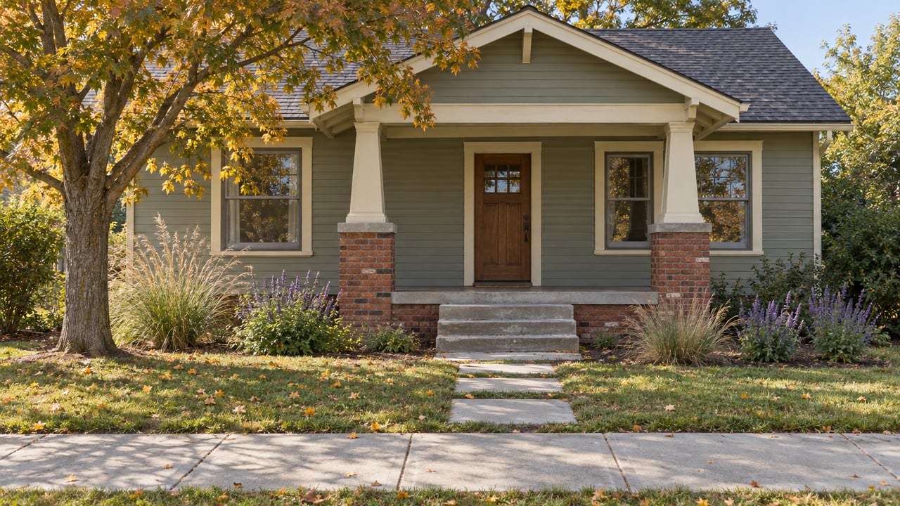 Sage-gray bungalow with brick porch piers, stepping stones, and ochre leaves in a shallow front garden.