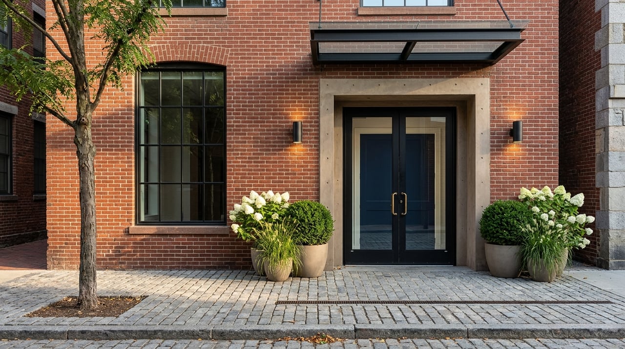 Converted mill entrance with brick walls and a steel canopy.