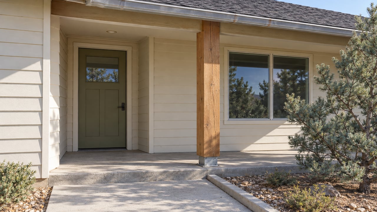 Sunlight crosses the timber porch post and concrete entry of a modest cream-sided ranch home beside a singleleaf pinyon.