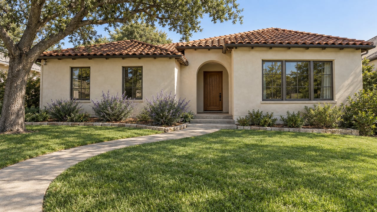 An ivory stucco home with a clay tile roof, recessed arched timber entry, deep front lawn, and mature coast live oak in bright daylight.