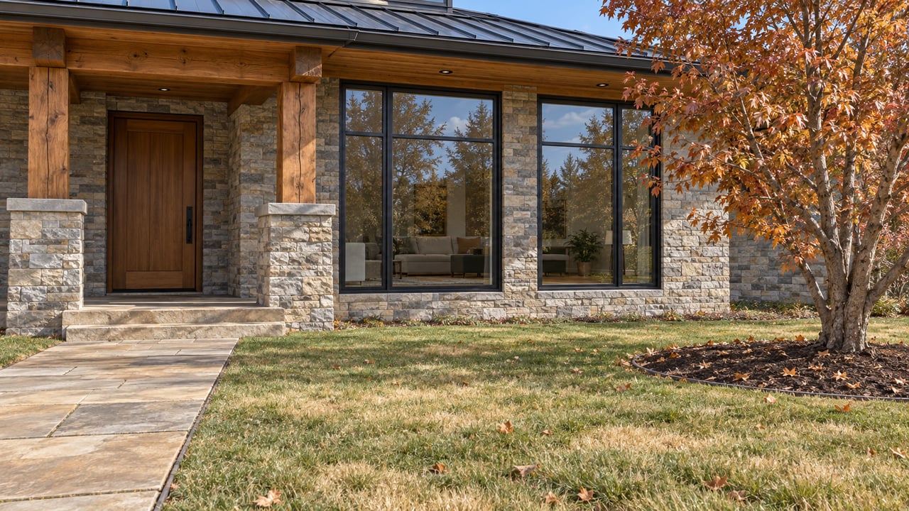 Timber-and-stone home entry with black-framed windows, a sandstone walk and a copper-leaved maple beside a late-autumn lawn.