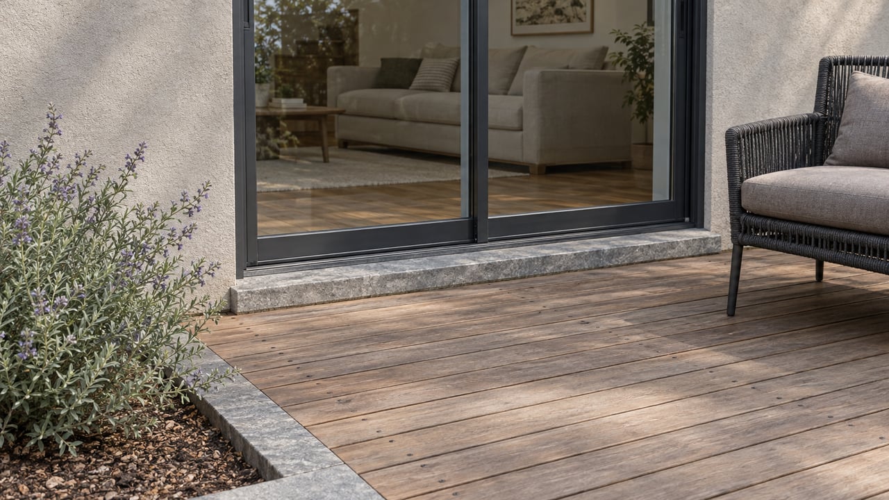 Warm wood terrace beside a gray stucco home, with closed sliding glass doors, a charcoal woven chair, and Cleveland sage in a stone-edged bed.