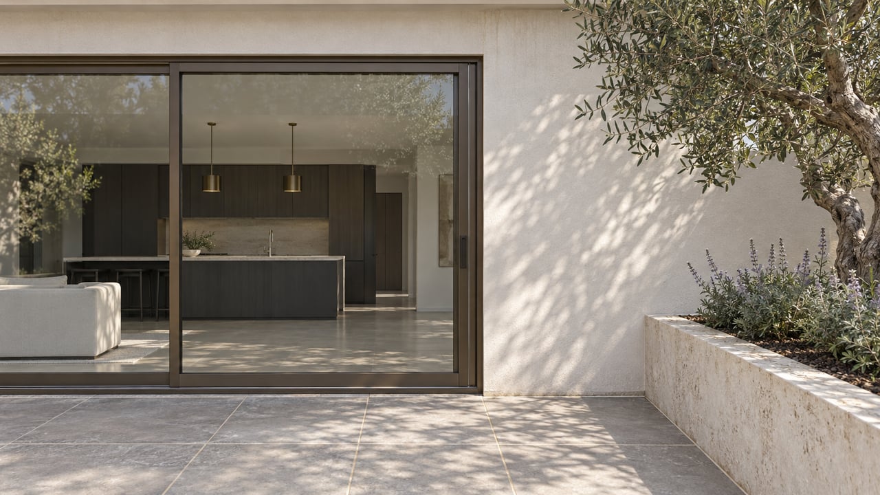 Bronze-framed glass doors and ivory stucco beside a limestone raised planter with a sculptural olive tree and sage, opening onto a warm-gray paved terrace.