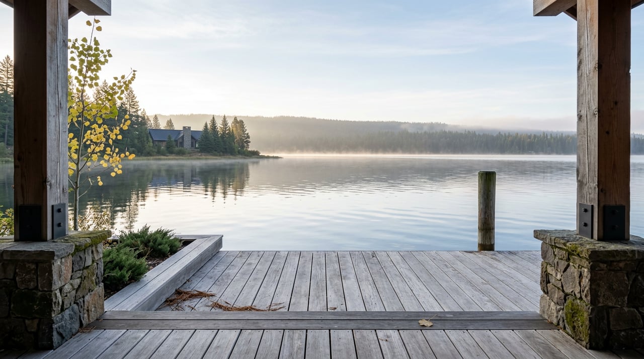 A timber-framed boathouse doorway overlooks still water, a hazy tree-lined shore, and a distant home.