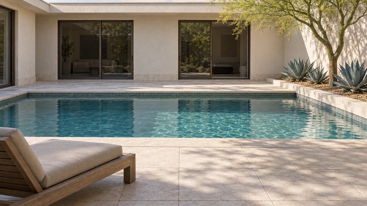 Cream stucco courtyard home with bronze-framed glass doors, limestone pool terrace, a silvered teak lounge, and sculptural desert planting.