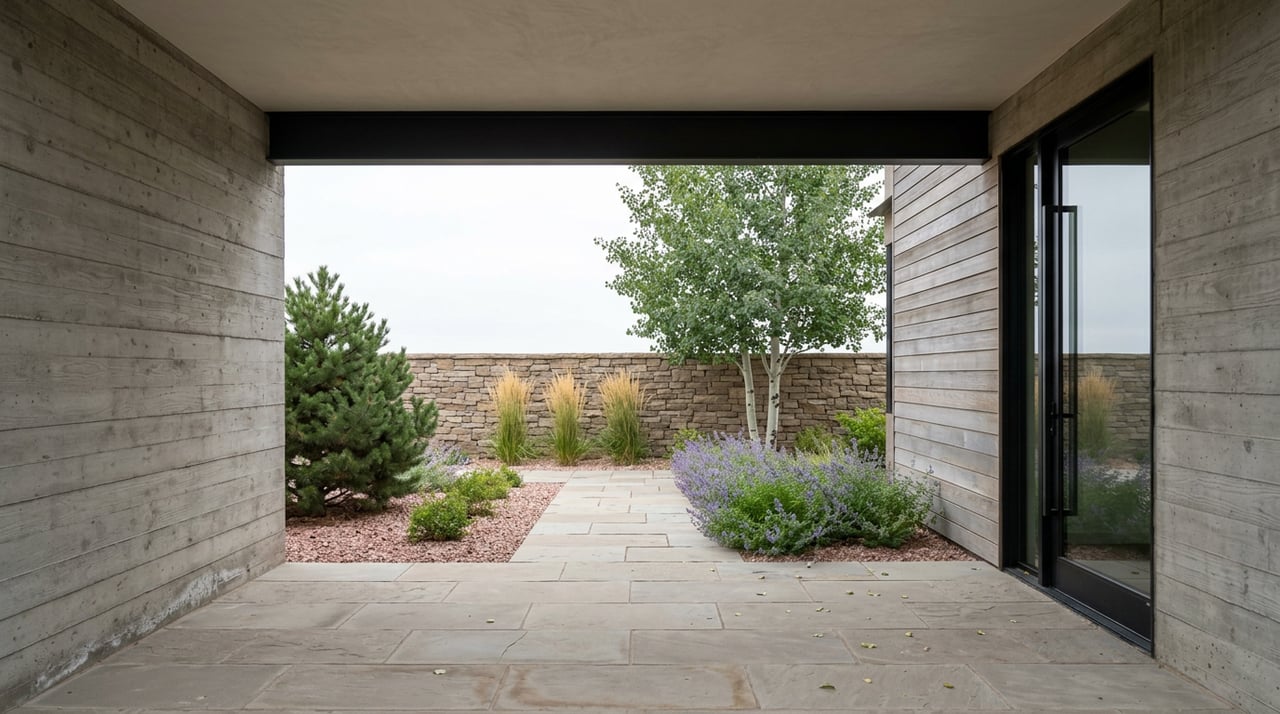 Flagstone walkway crosses a garden with a multi-trunk aspen, framed by portico and stone wall.