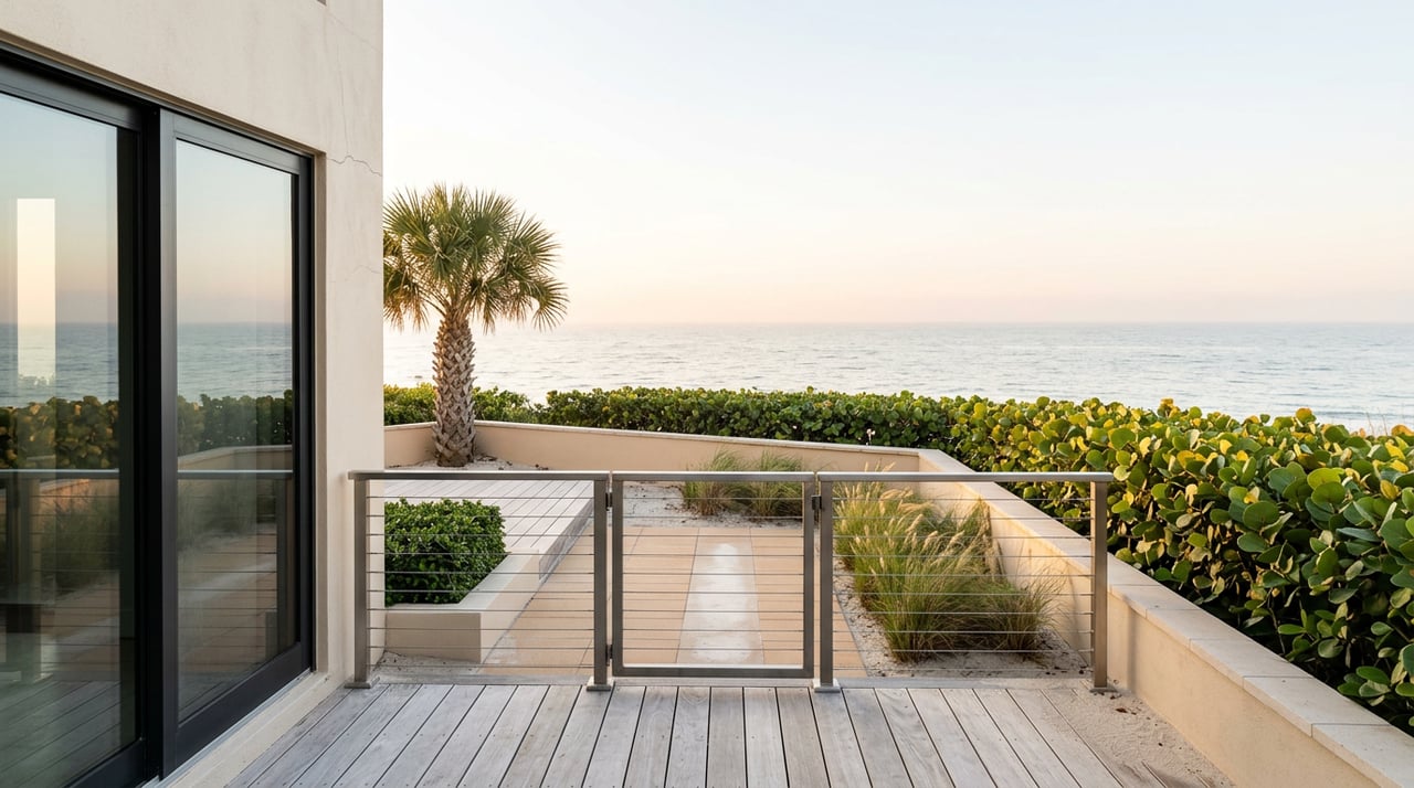 Beachfront terrace with weathered decking, a cable railing, leafy hedge, and sunlit open water beyond.